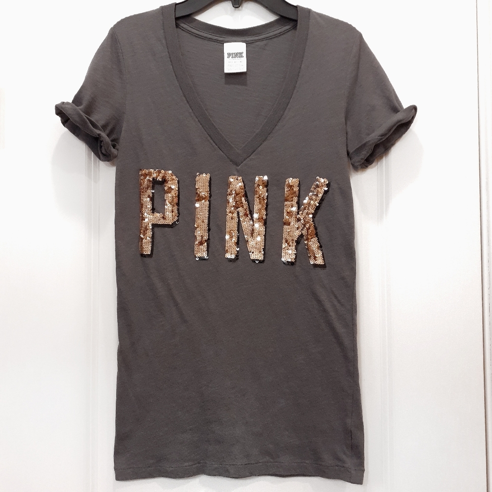 Victoria's Secret PINK Gold Sequin V-Neck Shirt